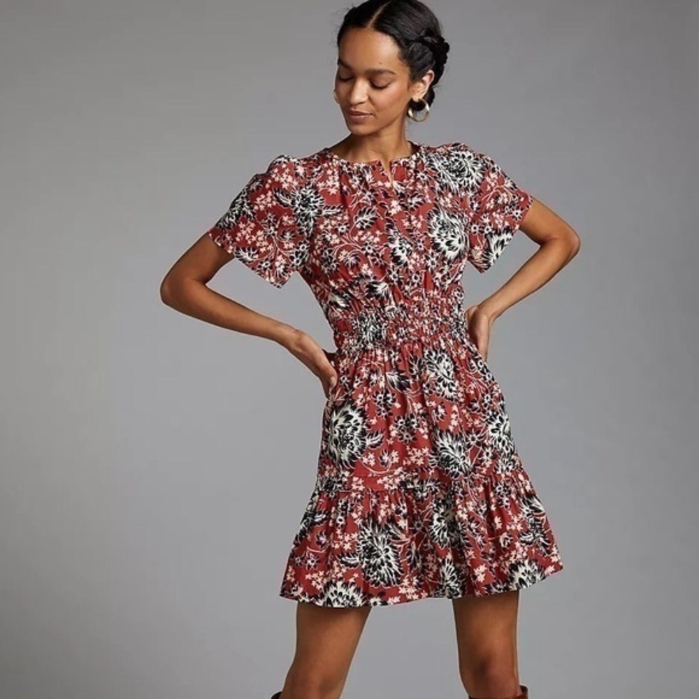 Anthropologie red & black mini floral dress